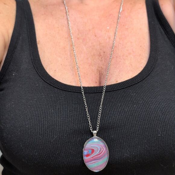 Cote' Design Studio Handmade Pendant Abstract Fluid Art Chain Colorful 1.5"ry - Picture 2 of 4